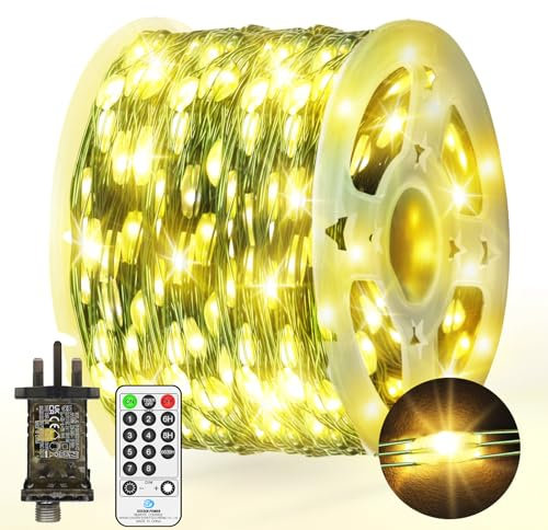 170 FT 500 LED Christmas Tree Lights Outdoor Fairy Lights Plug in Green Copper Wire String Lights Waterproof with Remote Timer 8 Modes Memory for Outside Bush Plants Garden Decoration Warm White