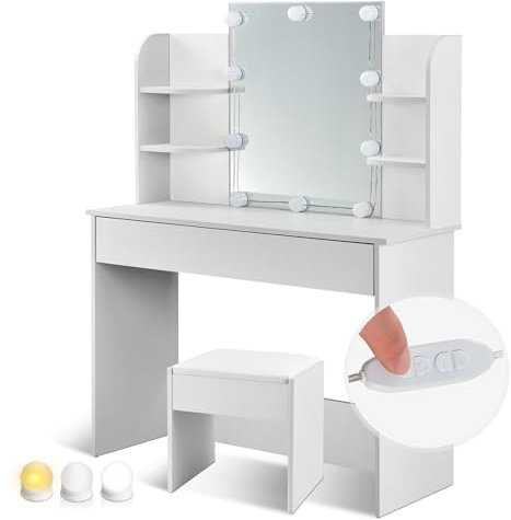 Juskys Schminktisch Bella mit LED Beleuchtung & Hocker Melly - Spiegel, Schublade & Ablagefächer - Holz - Sitzhocker gepolstert, Kosmetiktisch Weiß