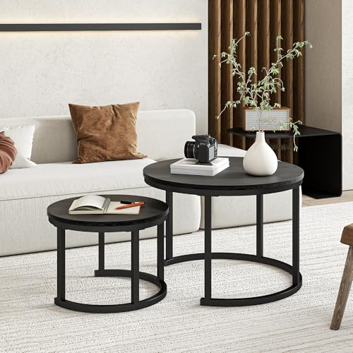 FOUBAM Couchtisch Rund, 2er Set Sofa Couchtisch Industrial Style, verschachtelte Beistelltische aus Metall und Holz, Vintage Sofa Tisches, Metall Satztisch 2er Set 50 und 70 cm Schwarz