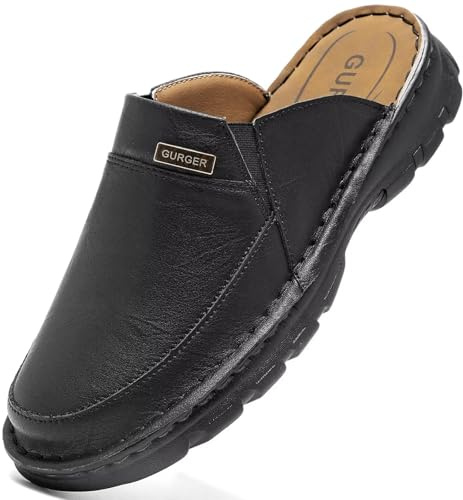 GURGER Mules Hombre Piel Verano Puntera Cerrada Sandalias Cuero Zuecos Negro 46