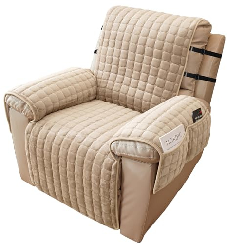 Alishomtll Recliner Chair Cover, Plush Armchair Cover, 1 Seater Beige | Velvet Armrest Cover Sofa Slipcover Non Slip Furniture Protector for Living Room, with 4 Pockets 2 Adjustable Straps Buckles