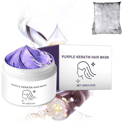 Mascarilla capilar de queratina púrpura, reparación intensa para cabello decolorado/teñido, repara el cabello seco, activa las raíces del cabello, mejora el encrespamiento (1pcs)