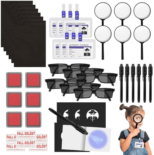 Detektiv Set Kinder, 48stk Detektiv Kindergeburtstag Mitgebsel mit UV Stift Notizbuch Detektivausweis Lupen Agentenbrille Fingerabdruck Stempelkissen & Papiertüten, Detective Gastgeschenk Give Aways