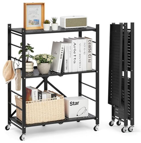 VEVOR 3 Etagen, Klappbare Regale mit Rädern, 33x71x91 cm, Faltbares Schwerlastregal, montagefreies Standregal, Haushaltsregal, Küchenregal, Metallregal für Garage, Küche, Keller, schwarz