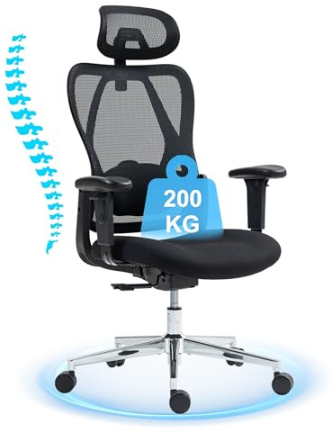BRTHORY Office Desk Chair Ergonomic Office Chair 200KG with Breathable High Back, Adjustable Lumbar Support, Reclinable Backrest 135°, 3D Armrests & Headrest, Big and Tall, 360° Swivel Wheels