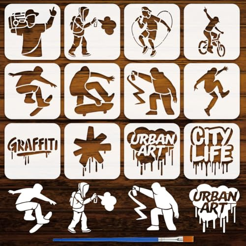 FINGERINSPIRE 12PCS Street Graffiti Painting Stencil with Paint Brush