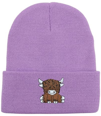 Schottische Hochlandkuh Mütze Handschuhe Für Damen Süße Schottische Kuh Strickmütze Warme Hip Hop Mütze Für Winter Unisex Skimütze (Purple, One Size)