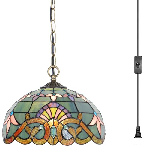 HZYFFYU Tiffany Pendant Lamp Plug in 12 inches Stained Glass Hanging Light