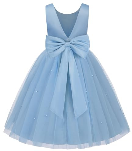 JerrisApparel Vestido Niña Flores Elegante Ceremonia Boda Fiesta Cumpleaños (10-11 años/Etiqueta 160, Azul Empolvado)