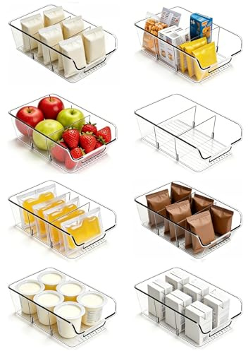 AIYULONG 8 Pack Fridge Organisers,Food Storage Containers with Dividers & handles for Pantry,Kitchen Storage & Organisation, Clear Cupboard Drawer Organiser for Snack, Spice Packet