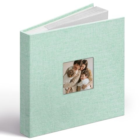 Vienrose Álbum de Fotos Lino 6x4 48 Fotos con Ventana en Portada, Bolsillos Ácido-Free, Álbum de Recuerdos con Espacios para Notas, Regalo para Bodas, Familia, Bebé, Aniversario (Verde)