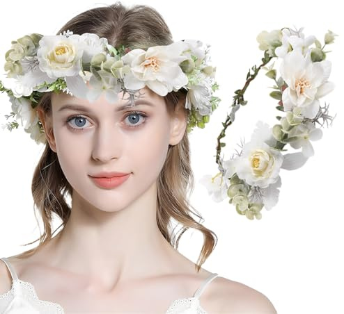 VEOIRXU Coroncine Fiori per Capelli Fiori Corona Fascia Capelli Accessori Capelli Sposa Accessori Damigella Capelli Fascia Capelli per Donne Ragazze per Addio Nubilato Matrimoni Vacanza Festa (Bianco)