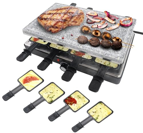 ACXIN Raclette Grill per 8 persone con pietra naturale e piastra antiaderente, 8 padelle e vanga in legno, max. 1400 W, griglia elettrica per interni