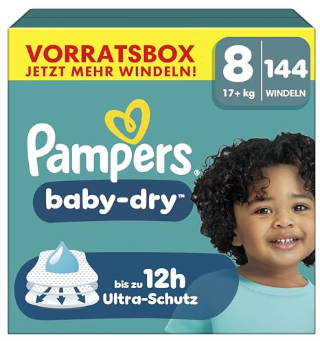 Pampers Baby-Dry Größe 8, 144 Windeln, 17kg+, Bis zu 100% Auslaufschutz & Komfort die ganze Nacht