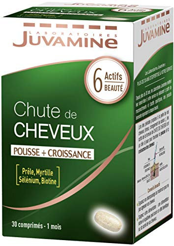 JUVAMINE - Chute de Cheveux : Pousse + Croissance - 6 Actifs Beauté dont Zinc et Biotine - Favorise la Croissance et la Résistance des Cheveux - Programme de 1 mois - 30 Comprimés - Fabriqué en France