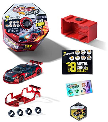 Majorette – Tune Ups Series 2 – Spielzeugauto aus Metall mit Chromeffekt zum Tunen, mit 7 Überraschungen, 1 von 18 Autos zum Sammeln im Überraschungspack, inkl. Tuning-Zubehör, Sammelbox und Sticker