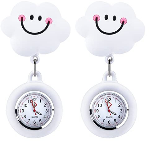 Vegena Krankenschwesteruhren - 2 Stück Krankenschwester Uhr Weiß Wolken Taschenuhr Silikonhüllen Schwesternuhr Ansteckuhr fob Taschenuhren Zeiger Pflegeuhr mit Clip für Damen Herren Pfleger Doktor