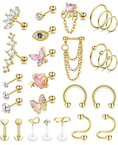 JeweBella 27 Stück 16G Chirurgenstahl Helix Piercing Knorpel Tragus Piercing Set für Damen Mädchen CZ Labret Piercing Knorpelohrstecker Nasenpiercing Conch Piercing Forward Helix Piercing Schmuck Set