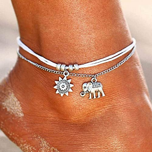 Carufin ananas bracelet cheville multicouche amour Turtle perles cheville accessoires été plage pied femme fille bijoux (Chaîne de pied éléphant)