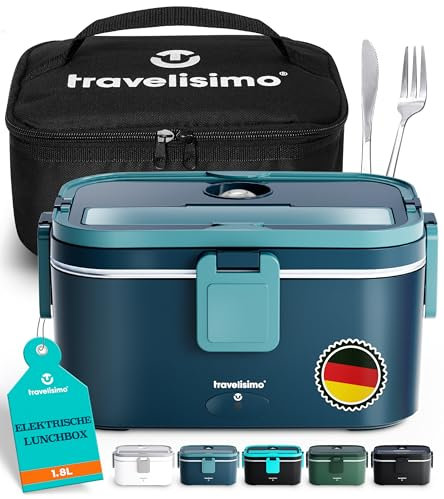 TRAVELISIMO Extra-Large Heated Lunch Box – Holds up to 64 oz – 80W Electric Lunch Box, 1.8L Stainless Steel Electric Lunchbox Food Heater 3 in 1 for Car Truck, Portable Food Warmer 12V/24V/230V