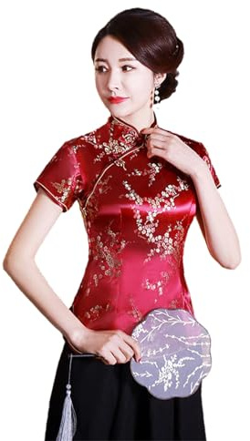 Bigougem Camicia da donna cinese Cheongsam a maniche corte con colletto alla coreana stampa dragone fenice etnica camicetta top per feste estive