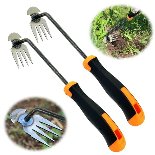 TINA 2Pcs Désherbeur Manuel Outil de Désherbage Manuel en Acier Inoxydable Extracteur de Mauvaises Herbes Extérieur Décoration Extracteur de Désherbage pour Jardin (4 Dents)