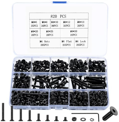 820 Pcs M4 Bolts and Nuts Set, Countersunk Machine Screws, Lock & Spring Washers Assortment, Flat Head Hex Socket Head Cap Screws Set, Black