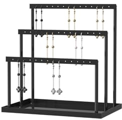 3-Tier Earring Organizer Holder Stand, Metal Jewelry Stand with Tray for Earring Display, 42 Holes Metal Earring Storage Tower Rack for Women Girls Home Use (Black)