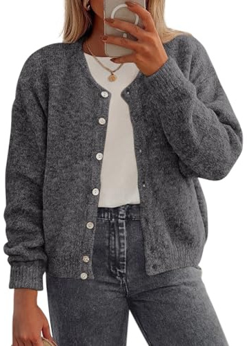 PRETTYGARDEN Fall Long Sleeve Cardigans for Women Trendy 2026 Lightweight Button Down Crewneck Loose Knit Sweater Clothes (Grey,Small)