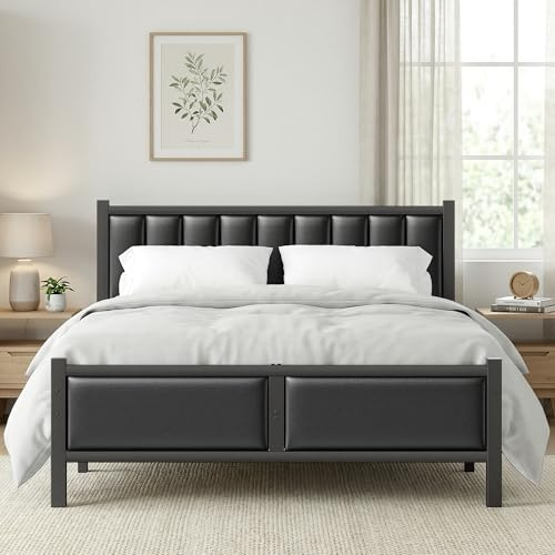 Frost IX Double Bed Frame with Upholstered Headboard, 4ft6 Metal Beds with Heavy Duty Steel Slats Support Platform, Black Double Bed with Storage, Noise Free, Easy Assembly, No Box Spring Needed