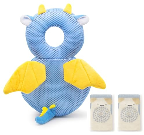 Furforstk protezione testa bambino con ginocchiere caschetto primi passi Traspirante casco neonato primi passi per gattonare e camminare, Regolabile (Drago) Il bambino non resiste