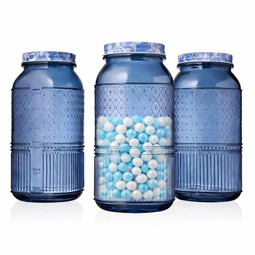 Glass Canisters Set of 3 – 64 oz Mason Jar Style Food Storage Containers with Lids, Jars for Cereal, Pasta, Cookies, Candy, Flour, Sugar, Pet Food, Vintage Claro Collection Kitchen Decor - Blue