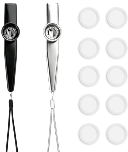 CEJAS 2 Kazoos Con Cuerda Y 10 Láminas De Repuesto, Kazoo De Metal Con 2 Colores (Negro Y Plateado), Instrumento Musical Para Niños De 7 A 16 Años, Mide 12 Cm De Largo