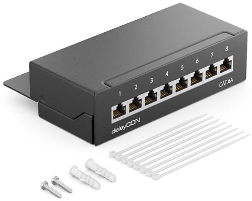 deleyCON CAT6a Panneau de Brassage 8 Ports Bureau & Montage Mural - Blindé - Prise 8X RJ45 - TIA568A TIA568B - Noir