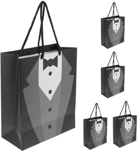 Amosfun 5pcs Tuxedo Gift Bags, Black Groomsmen Gift Wrapping Bags with Handle for Wedding Fathers Day Anniversary (Medium)