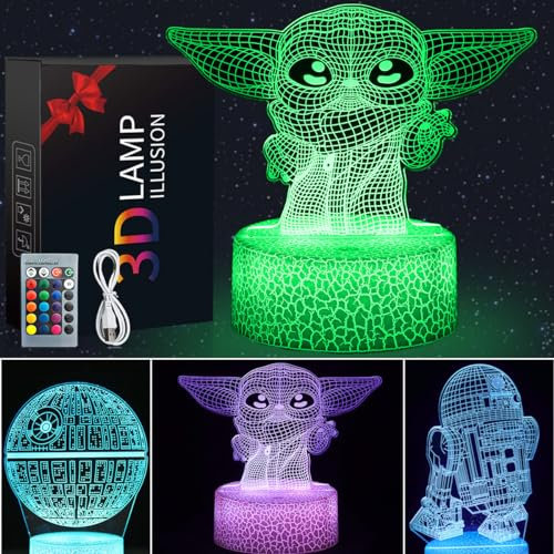 3D Illusion Star Wars Night Light for Kids. 3 Patterns Baby Yoda LED Night Lamp, Baby Yoda Toys 7 Color 16 Changes, Great Christmas Birthday Gifts for Star Wars Fans Boys Girls