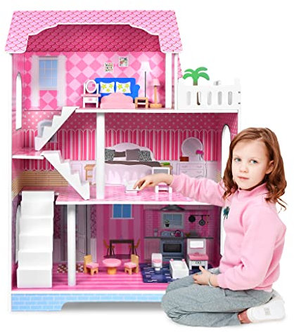 VA-Cerulean Casa de muñecas de madera con muebles, Princesa Muñeca Villa Juego, Rosa, para niños a partir de 3 años, Puzzlesspiel, Semiabierto