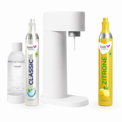 SodaTASTE Sparpaket: Mysoda Woody - Wassersprudler aus erneuerbarem Holzkomposit mit 1L BPA-freier Plastikflasche, CO2-Zylinder Classic + CO2-Zylinder Zitrone (Weiß)