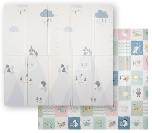 KiddyMoon Reversibel Skum Babymatta Vadderad Barnmatta 1,5 cm Tjock Krypmatta Hopfällbar Barnmatta Lekmatta Med Pedagogisk Grafik 180X200X1,5 cm, Grå-Berg