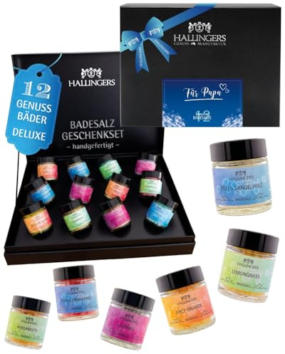 Hallingers Genuss Manufaktur Badesalze Vatertagsgeschenk-Set - 12x Badezusatz mit Totes Meer Badesalz edle Geschenkbox, Badekristalle Fußbad & Spa Zum Vatertag, Geschenkidee für Papa Opa