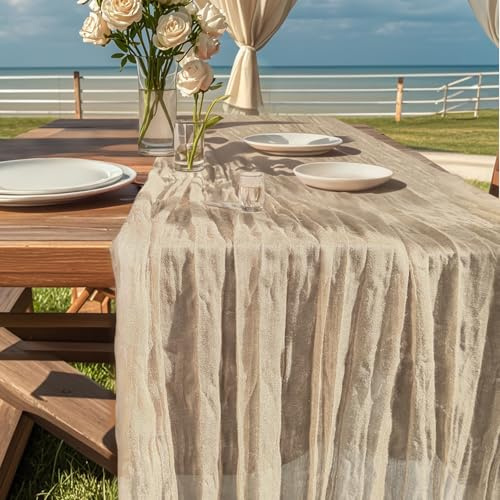 Chemin de Table 90 x 400 cm Chemin de Table Gaze de Coton Style Boho Chemin de Tables Mousseline pour Mariage, fête Anniversaire Décor (Beige)