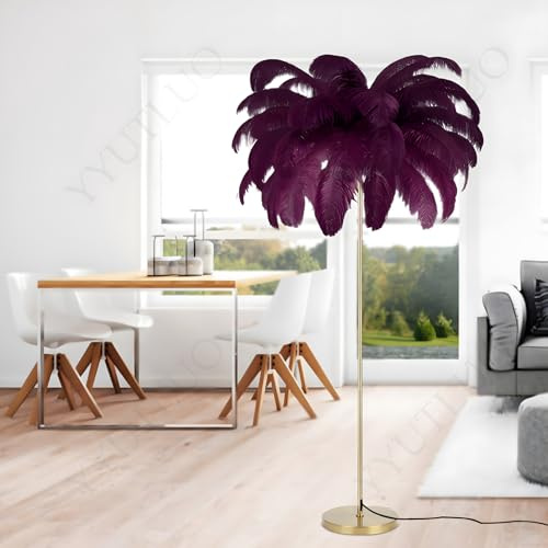 YYUTLUO Lampada Moderna Con Piume, Lampada Da Terra In Piume Di Struzzo Naturale, Altezza 160cm, Palo E Base In Oro, Lampadine A LED G4 A 3 Temperature Di Colore, Soggiorno Camera Letto Per (Viola)