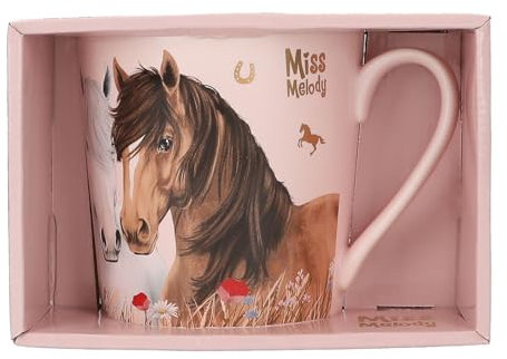 Depesche 13559 Miss Melody Dusty Rose - Taza en Rosa, con Motivo de Caballo, Estampado de Flores y refrán, Taza para Beber de Porcelana con asa, Capacidad Aprox. 300 ml