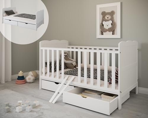 ZEE - Babybett Kinderbett, 2w1 Bett Isabel - Dreistufige Einstellung, Nicht Sitzendes, Sitzendes und Stehendes Kind - Schutzbeißring - Zwei abnehmbare Sprossen - mit Schublade - 70x140x97cm, Weiß