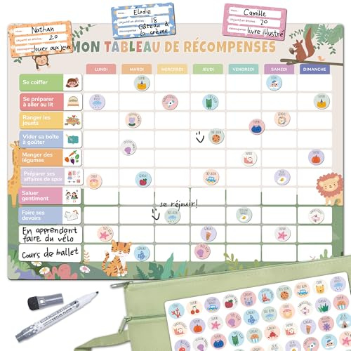 BIROYAL Tableau de Récompenses Enfant - Tableau Magnetique Enfant avec 160＋ aimants - Tableau Comportement Enfants, Routine Enfants - Garçon et Fille - 1 Feutre et 1 Sac de Rangement Offerts