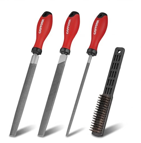 CAFFORIK 4PCS Metal File Set, 8-Inch, High-strength carbon steel file, Flat/Half round/Round steel file with Handle, Wire Brush, Hand Files Work for Metal, Wood and More