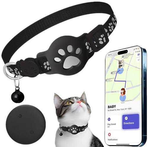 HOVKRE Collar para Gatos, Collar Multifuncional con AirTag para localizar Animales, con Cierre de Seguridad y Correa de Goma, con GPS (Negro)