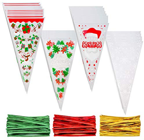 DERAYEE 100 Pieces Christmas Clear Cone Bags, Cellophane Sweet Candy Treat Bags with 150 Pieces Twist Ties for Christmas Party Favors