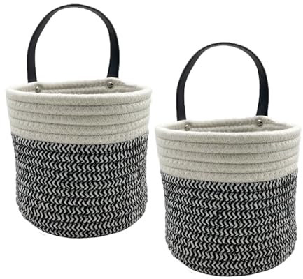 SOQKEEN Cestas Almacenaje Baño, 15,2 x 15,2 cm Cesta Mimbre Algodón 2 Piezas Cestas Almacenaje Decorativas Cestos Colgantes Pequeños para el Baño, Almacenamiento, Plantas, Cocina (blanco y negro)