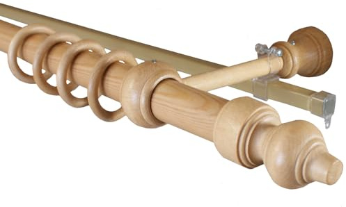 Holz Gardinenstange 28 mm mit U-Schiene Farbe Eiche hell, Gardinenstange 2-läufig Wandmontage 240 cm (mittig geteilt)